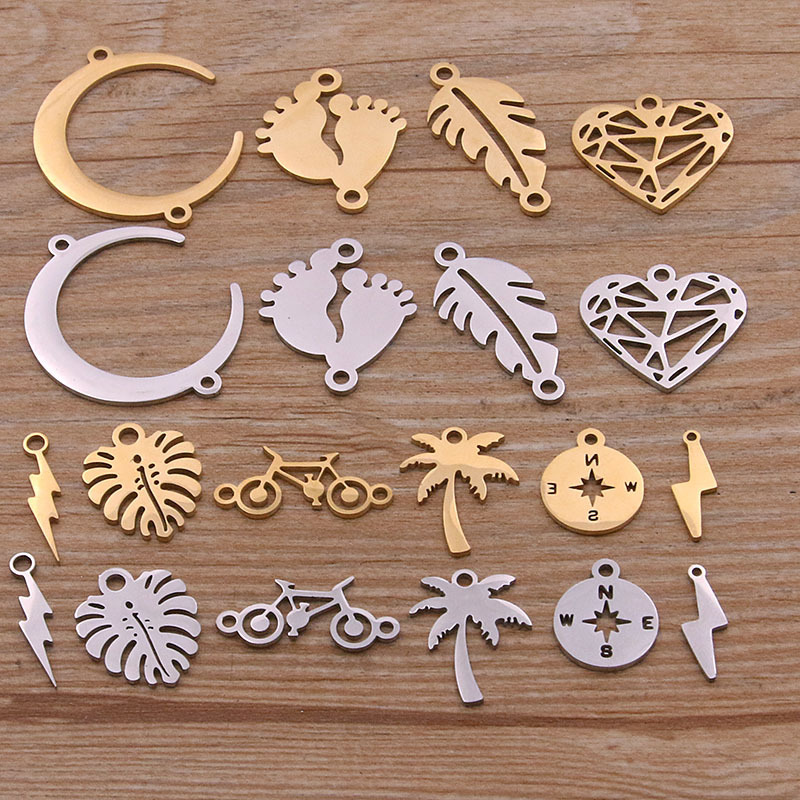 10 Gold Steel Color Stainless Steel Pendant Connectors Moon Lightning Heart Bicycle Tree DIY Jewelry Accessories