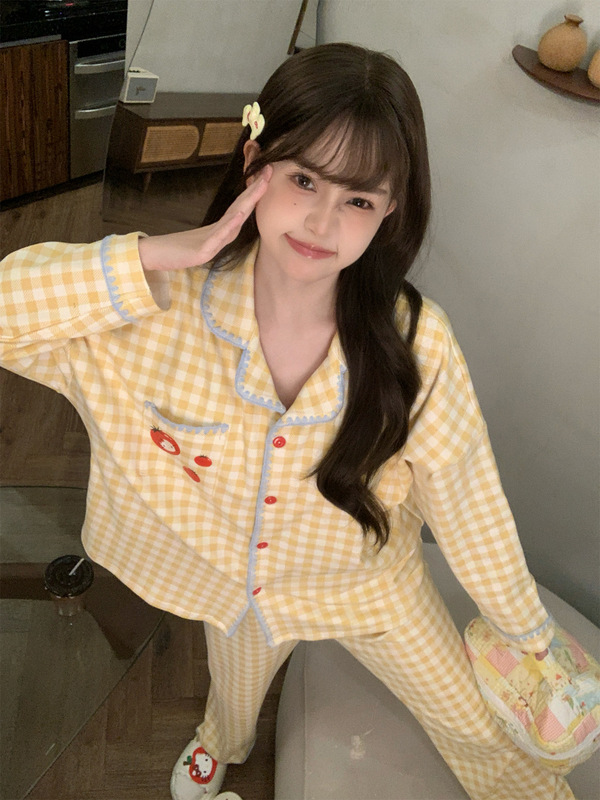 2025新款hellokitty纯棉睡衣女春秋季格子长袖家居服夏天休闲套装|undefined