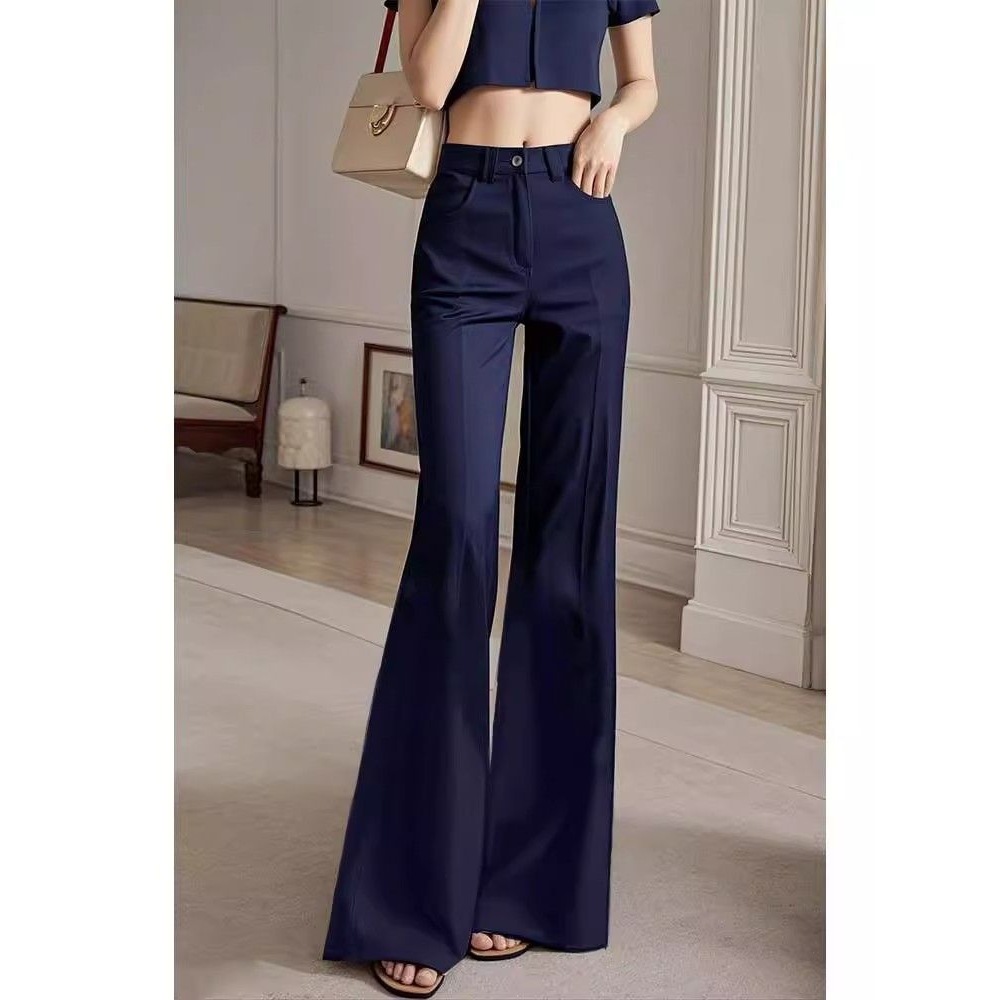 Spring and Autumn Pear-Shaped Figure High-Waisted Slim Straight Casual Pants New Navy Blue Slightly Flared Wide-Leg Pants for Women
