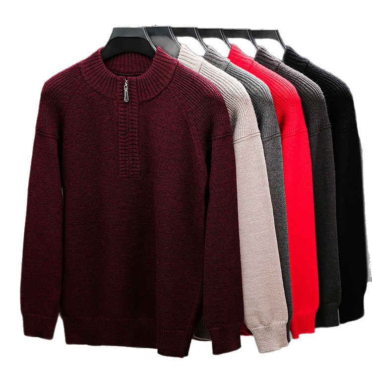 Otoño y invierno nueva temporada de cremallera de cuello alto hombre grueso de mediana edad jersey de punto delgado color sólido simple jersey de punto