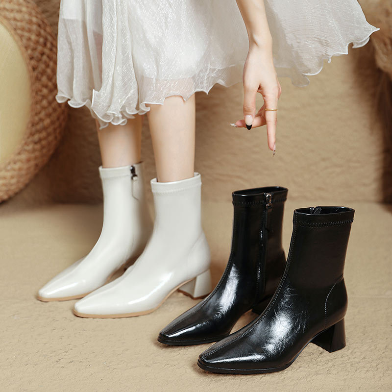 Demi-season white low boots heels pointed-toe