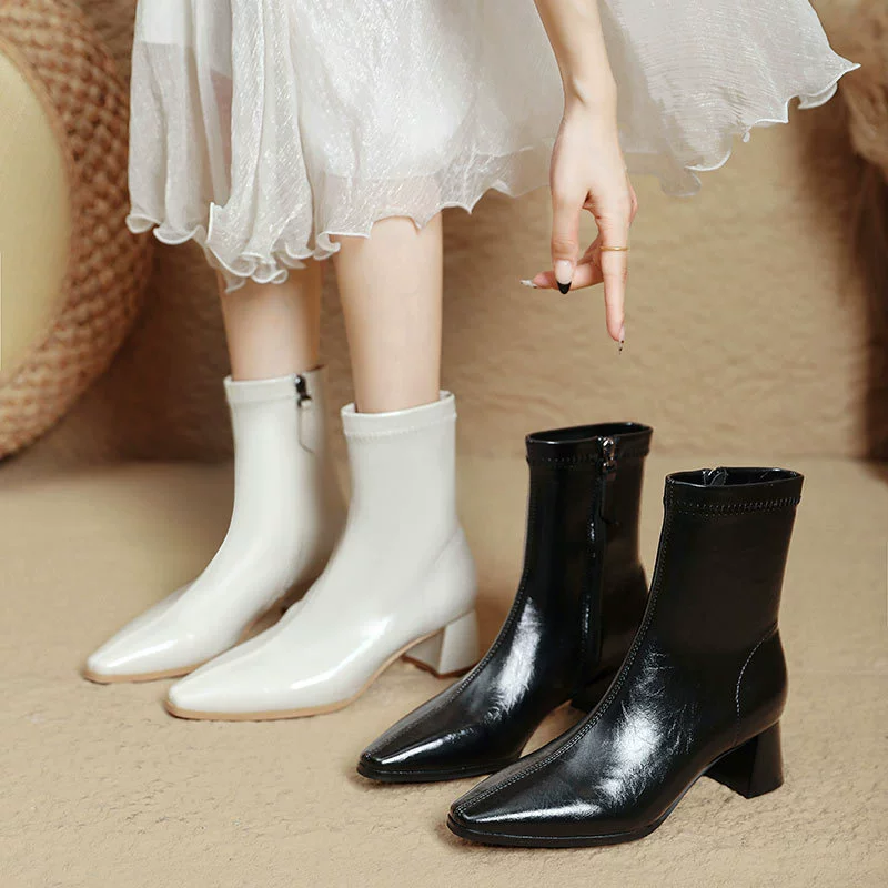 Ботинки на высоком каблуке женский 2024 осень-зима новые остроконечные толстые каблуки тонкие ботинки женские кожаные ботинки белые французские средние ботинки