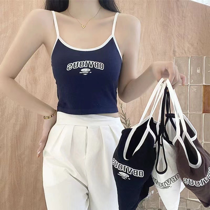 여름 미국 복고풍 문자 인쇄 대비 컬러 슬링 원피스 고정 컵 편안한 통기성 내복 외부 튜브 탑