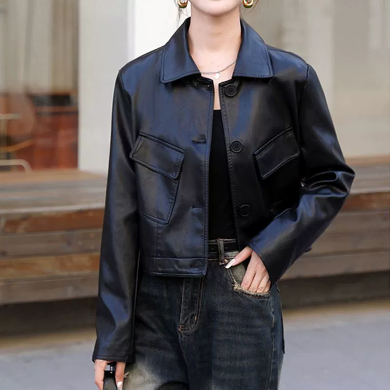 Autumn fashionable short polyurethane jacket, square neckline, 2025 years, loose fit