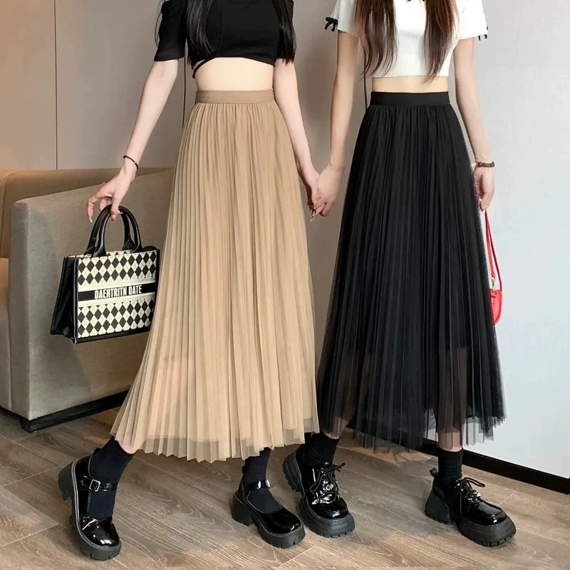 Сетчатая юбка, элитная юбка с шуршанием, новинка лета 2025, тонкая плиссированная юбка для маленьких людей, супер стройнящая, средней длины