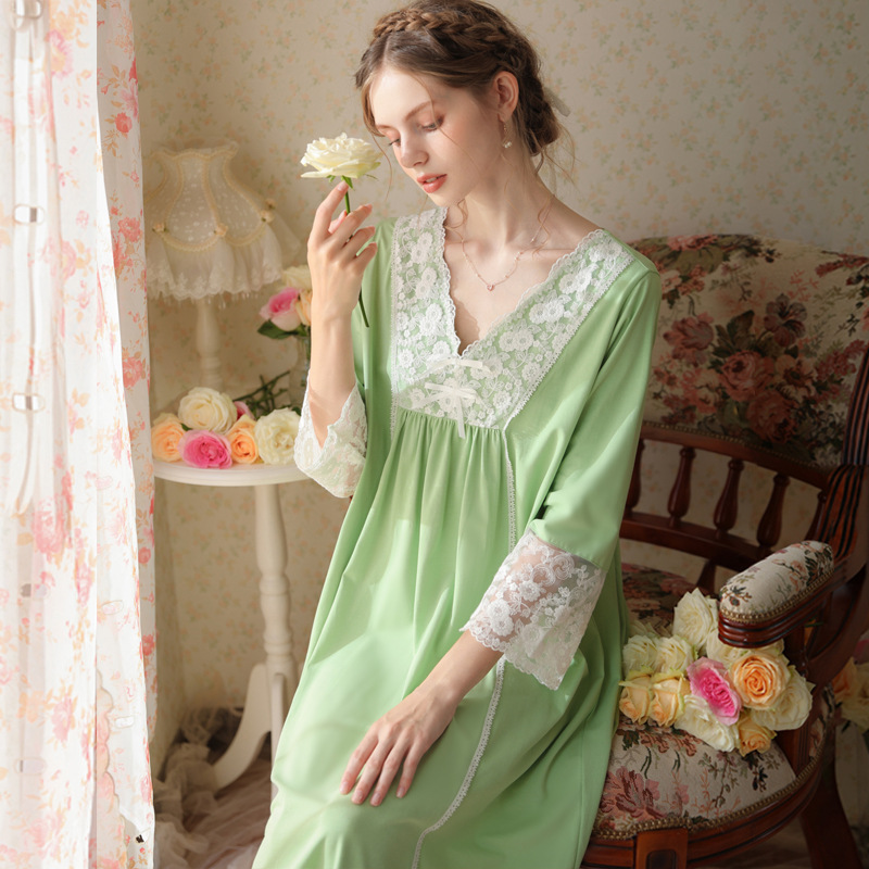 French Style Pajamas High-grade Lace Princess Spring And Autumn Mid-length Skirt Cotton V-neck Sexy Fairy Sweet Nightdress
