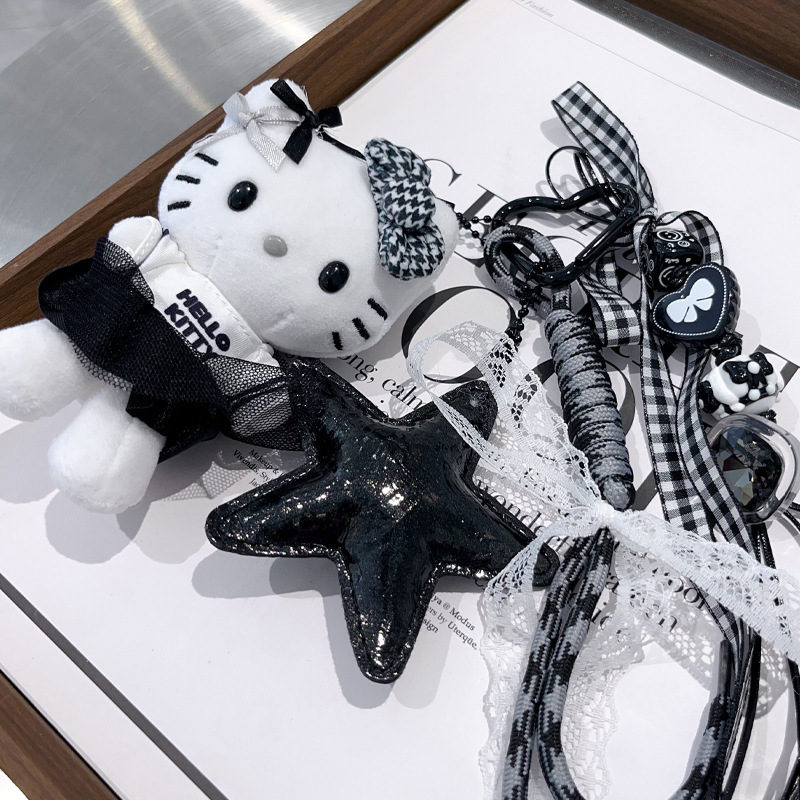 黒と白のミュウ KT バッグペンダント黒五芒星ウェビングビーズ織り手作りキーホルダージュエリーペンダント|undefined