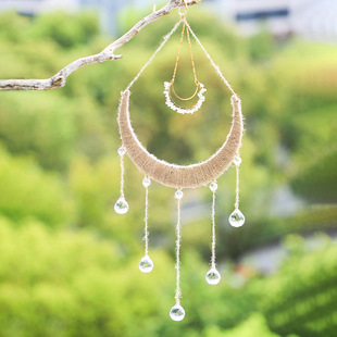 Amazon New Wooden Hemp Rope Woven Hand Gift Moon Crystal Pendant Home Living Room Sun Catcher Decoration