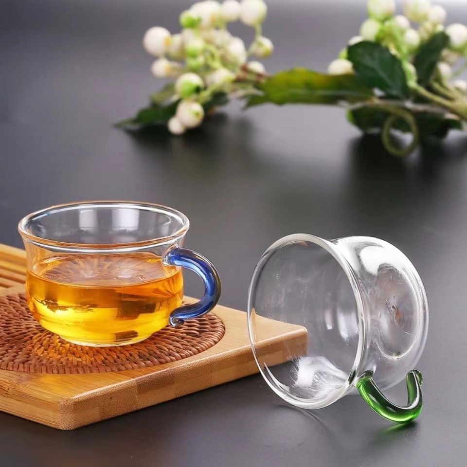 Heat-resistant thickened Kung Fu tea personal tea cup with handle cup glass single cup color handle small cup tea cup tea set