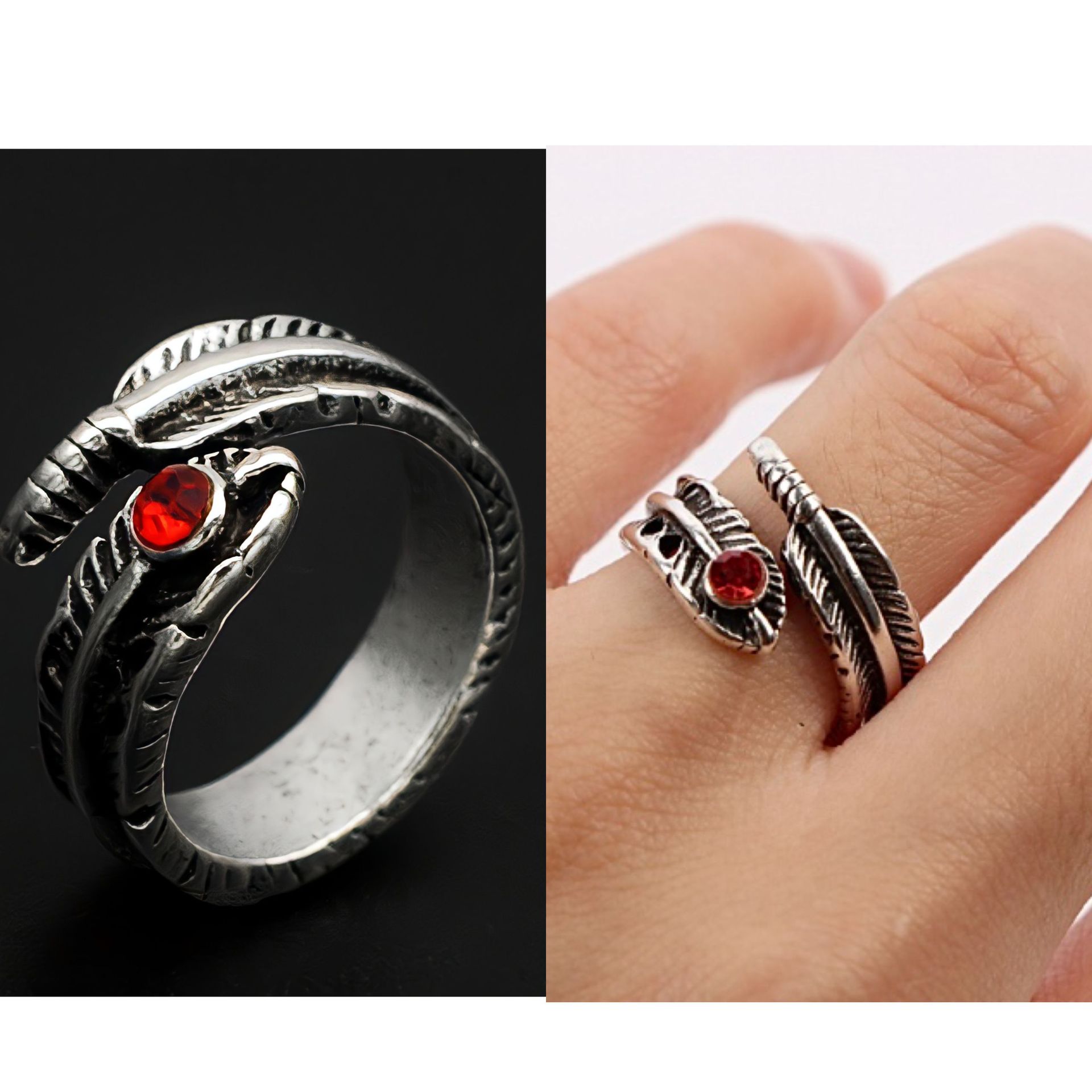 欧美跨境朋克树叶羽毛镶红钻开口戒指男女潮流指环饰品厂家批发