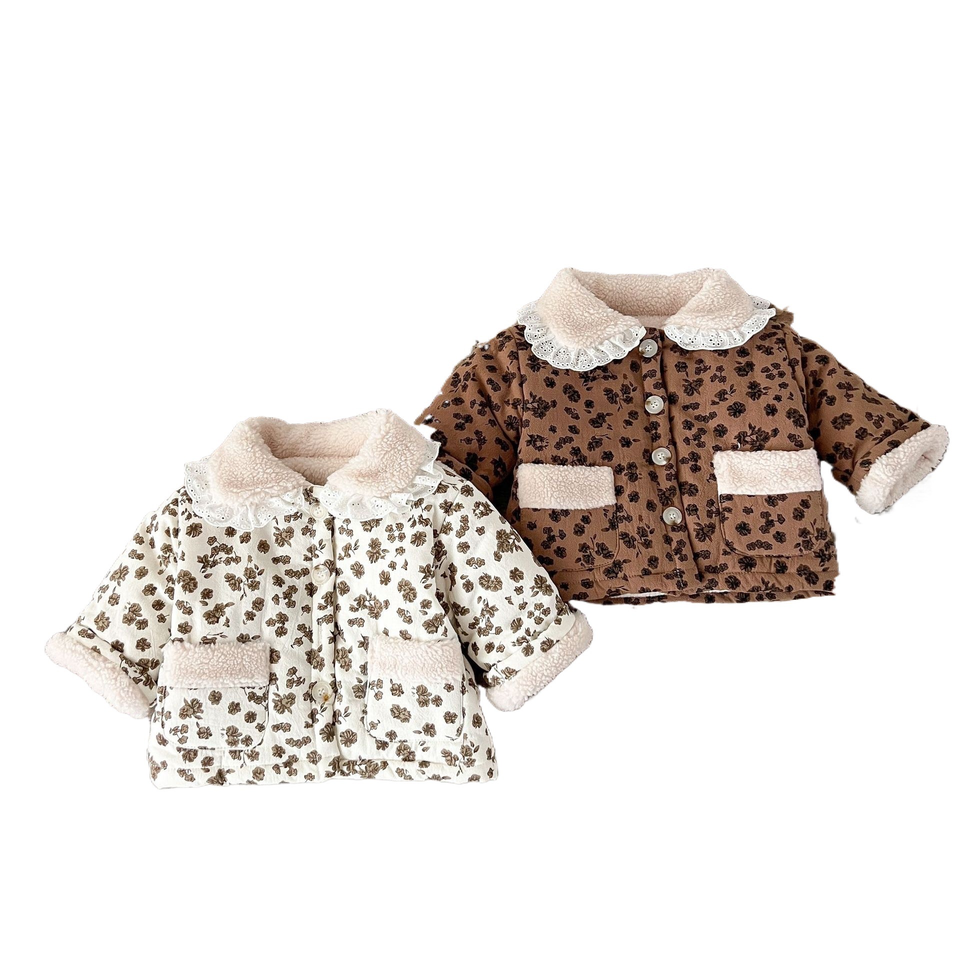 INS estilo coreano 2023 invierno niñas bebé floral encaje solapa acolchada engrosada de algodón acolchado chaqueta abrigo caliente