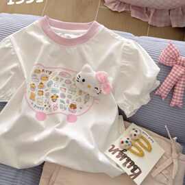 韩系女童夏季纯色立体kt猫印花洋气圆领T恤新款女宝宝甜美上衣潮