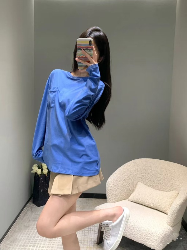 秋季新款MM口袋长袖纯色简约百搭宽松版刺绣男女同款打底衫上衣潮|undefined