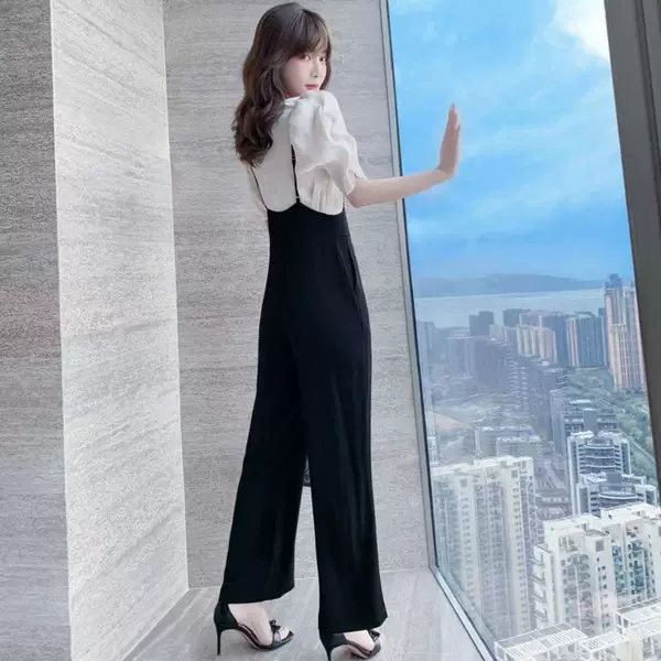 Women's Summer Adjustable High-Waisted Casual Straight-Leg Loose Black Casual Wide-Leg Jumpsuit