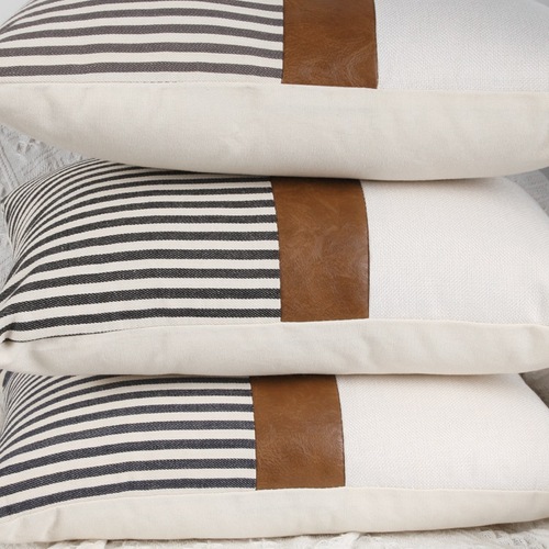 Amazon New Home PU Leather Striped Canvas Patchwork Throw Pillow Cover Sofa Car Cushion Factory