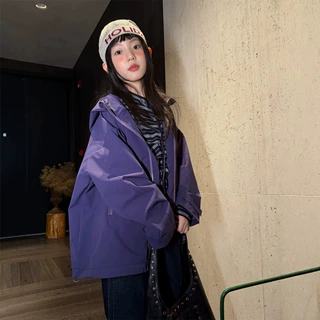 花与寻女童2026秋款韩版翻领卡其外套儿童宽松连帽防风休闲冲锋衣