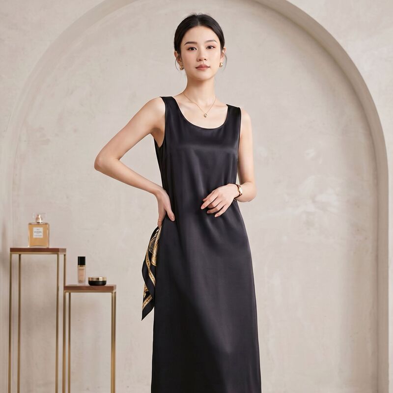 Heavy Weight Silk Dress Women's Summer Black Mulberry Silk Long Skirt Round Neck Sleeveless Vest Dress Long Inner Wear Heavy Weight Silk Dress Women's Summer Black Mulberry Silk Long Skirt Round Neck Sleeveless Vest Dress Long Inner Wear