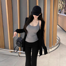 休闲套装女春夏季慵懒风黑色长袖针织开衫吊带背心微喇叭裤三件套