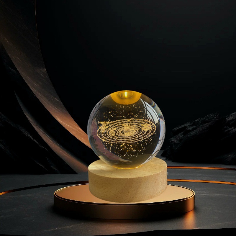 Lámpara de atmósfera base luminosa de madera 3D esculpida bola de cristal lámpara de noche estrella sistema solar regalos decorativos creativos