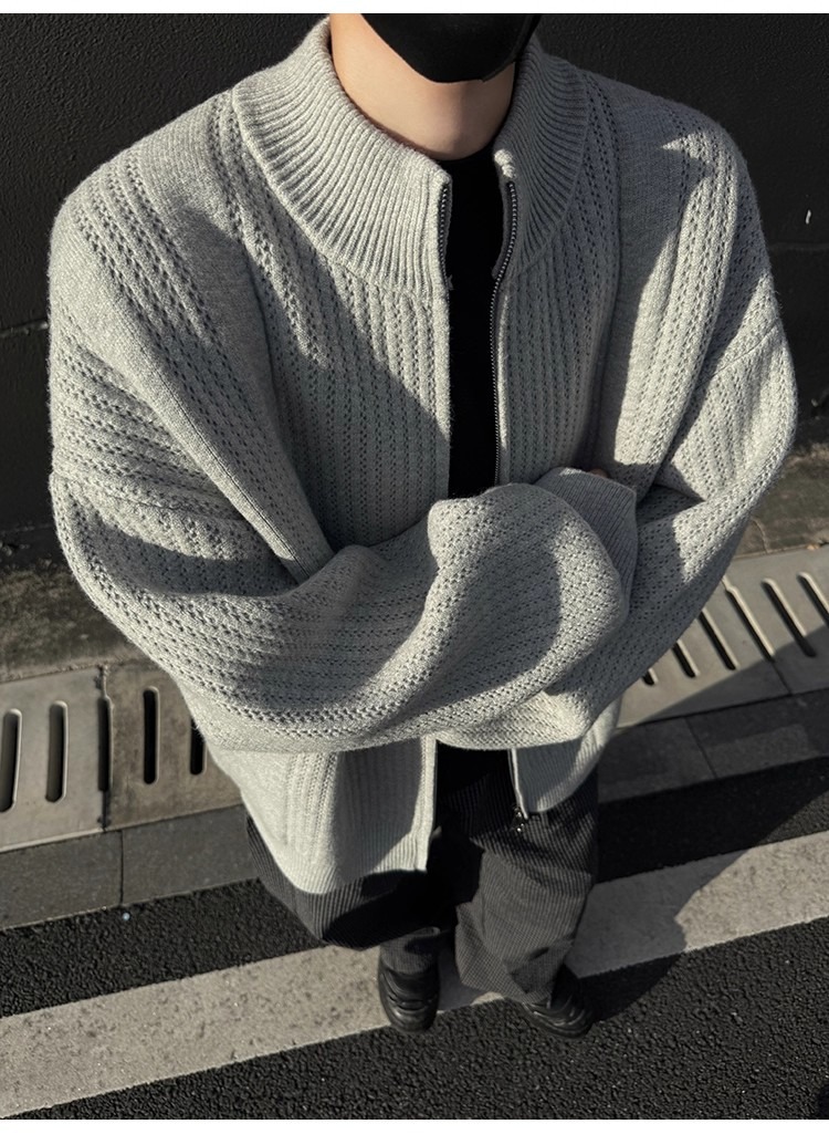 Men's Stand Collar Knit Cardigan Oversized Pullover Sweater_voghion.com