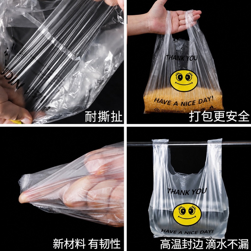 Bolsa de embalaje de plástico con cara sonriente gruesa, bolsa desechable de embalaje de calidad alimentaria, bolsa de conveniencia, bolso de compras para supermercado, chaleco