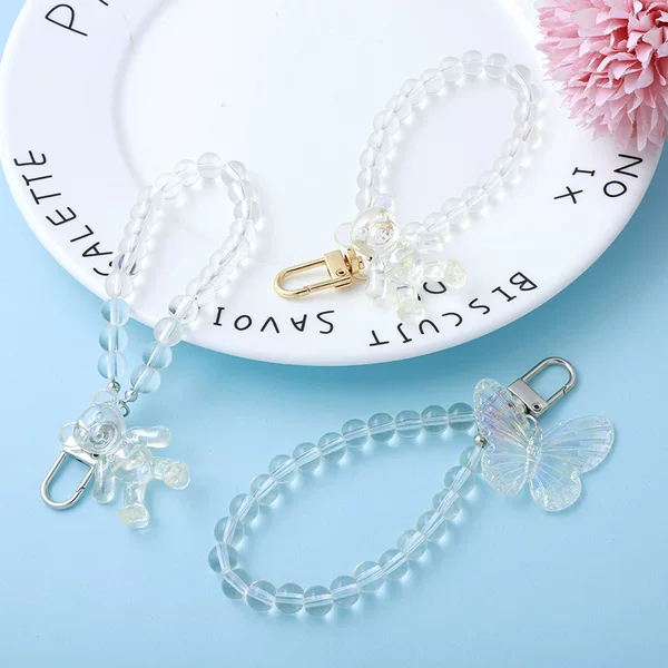 Keychain Door Clasp Mobile Phone Case Hanging Chain Transparent Pearl Handmade Beaded Butterfly Bear Bag Pendant