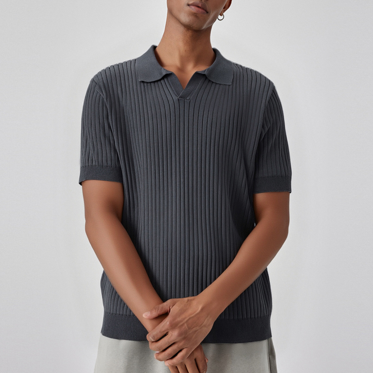 Camiseta Polo de Punto Jacquard con Cuello en V Estilo Americano para Hombre, Cuello Retro de Gaviota, Manga Corta, Modelo E75010