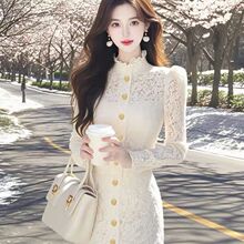 加绒加厚茶歇法式白色蕾丝连衣裙冬季感气质高领气质长裙