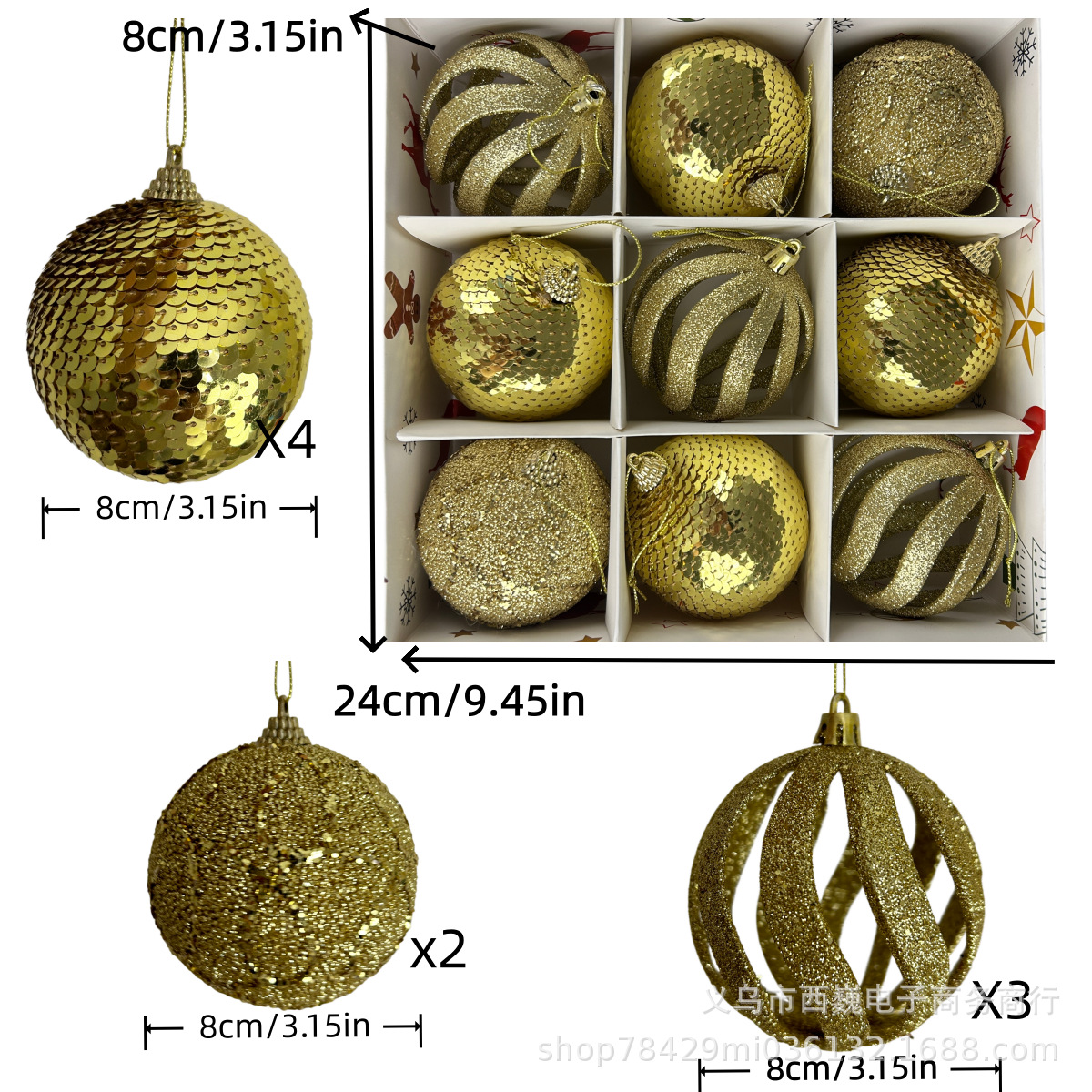 Juego de Esferas Decorativas Navideñas 8cm de Espuma, Galvanizado y Pintado, para Árbol de Navidad
