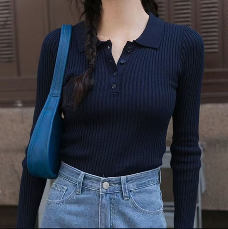 法式复古POLO领坑条长袖时尚针织衫女春秋简约修身内搭打底衫上衣|undefined