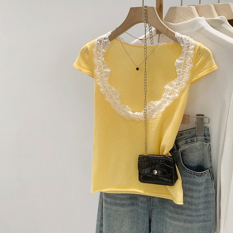 French-Style Sweet Lace Low-Necked T-Shirt with Small Flutter Sleeves for Women, Summer 2026 New Unique and Stunning Fitted Top