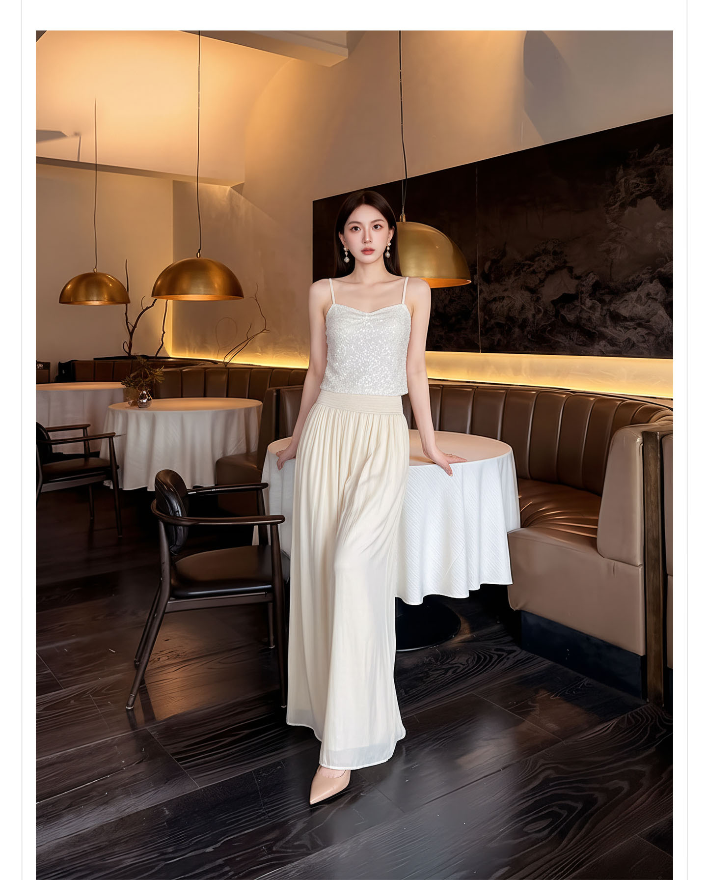 Bộ đầm maxi thắt eo phong cách quốc phong cao cấp — Gạo trắng Sling, bộ đồ, Quần dài màu hạnh chi tiết 9