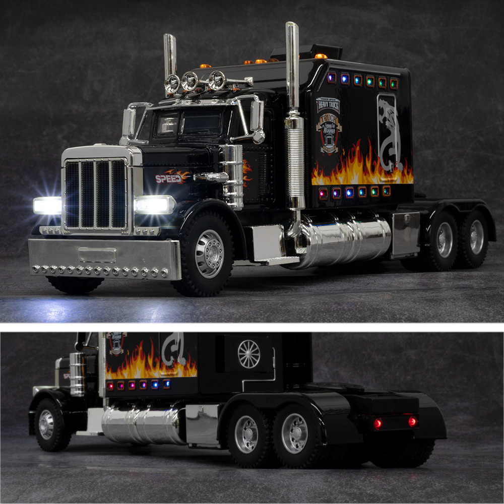 Zhiguan modelo de coche de aleación 1:24 Peterbilt 389 American drag cabeza pull back sonido y luz modelo de coche de juguete adornos