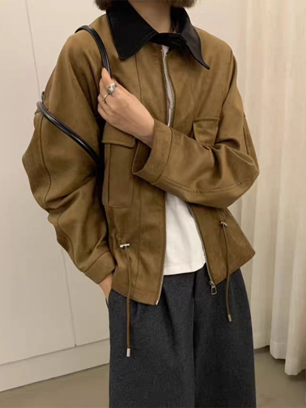 撞色拼接麂皮绒短外套女2025秋季新款宽松百搭小个子夹克上衣|undefined