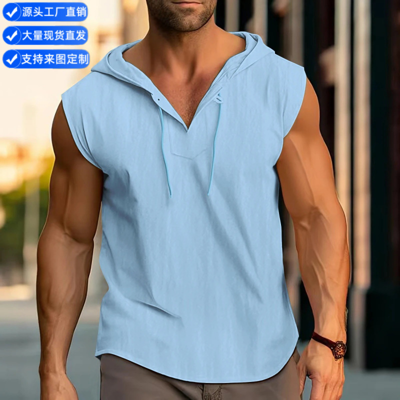 New Summer Men's Vest European and American Drawstring Hooded Pullover Top Casual Sports Thin Breathable European Size Solid Color