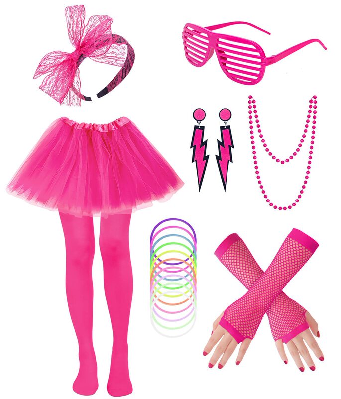 1980s Prom Party Neon Set Fluorescent Green Bead Necklace Hair Hoop Earrings Dress Socks Set