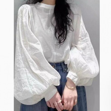 天丝亚麻白色灯笼袖长袖棉麻衬衫女春秋小众洋气泡泡袖防晒上衣夏