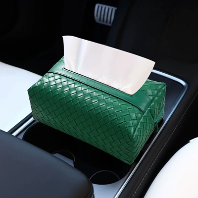 Leather Tissue Box, Car-Grade Tissue Box, Car tissue box/set - car-tissue-box-woven-pattern-green