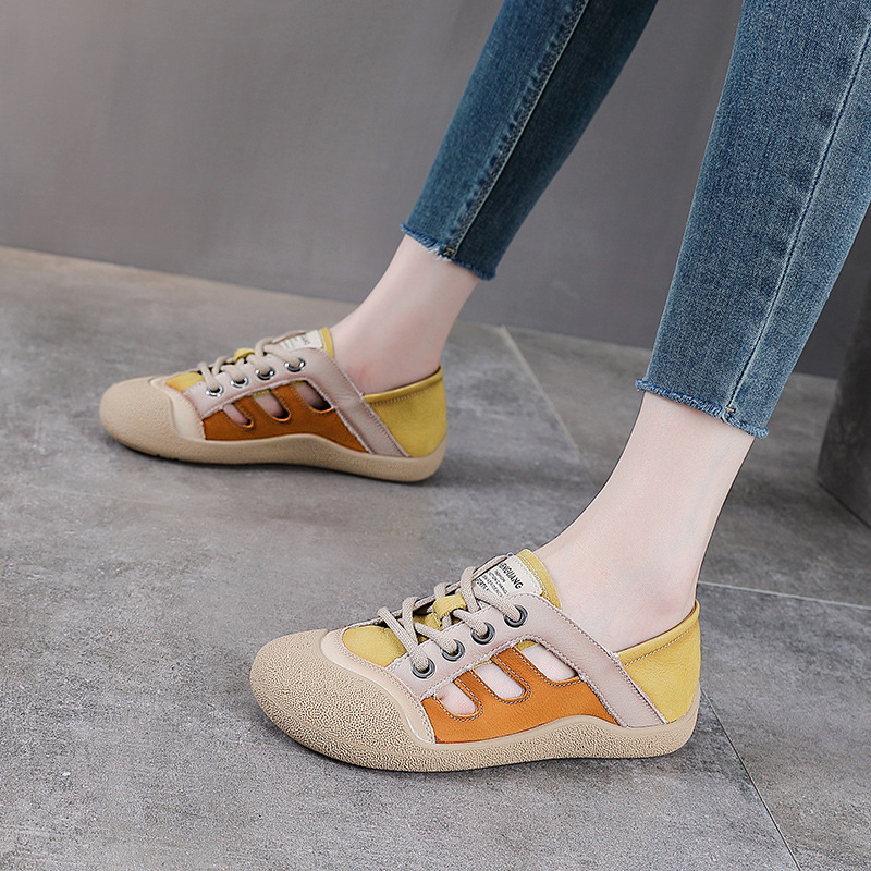 Sandal nữ da bò phối màu cổ điển, đế thấp thoáng khí — màu hồng