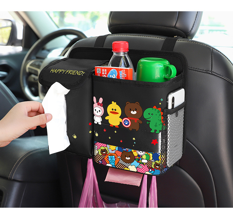 Car Trash Can and Tissue Box Two-In-One Cartoon Cute Car Seat Hanging Storage Box Multi-Functional Storage Bag