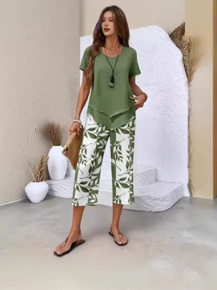 2026 New Cross-Border Fashion Casual Set with Printed Cropped Pants and Stylish Top for Women on Amazon and Aliexpress