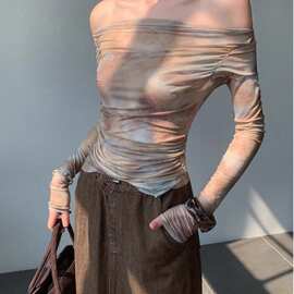 罩衫防晒上衣女小衫空调辣妹印花网纱一字肩雪纺斜领t恤春夏紧身