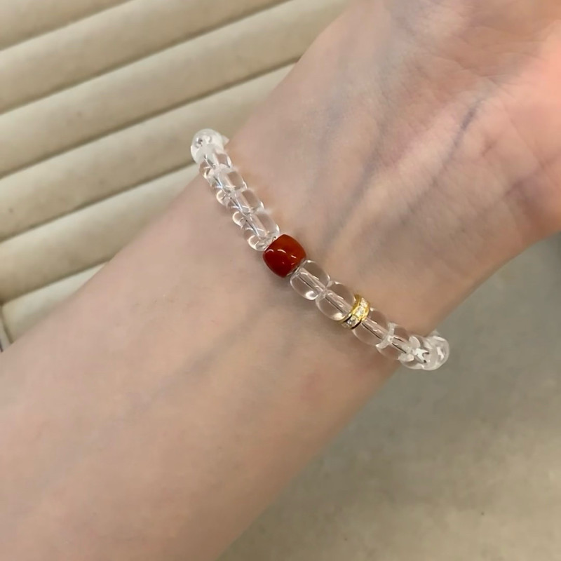 (Certificate) White Crystal Barrel Beads Paired with Red Agate Original Design Bracelet for Couples, Light Luxury, Artistic Retro Style
