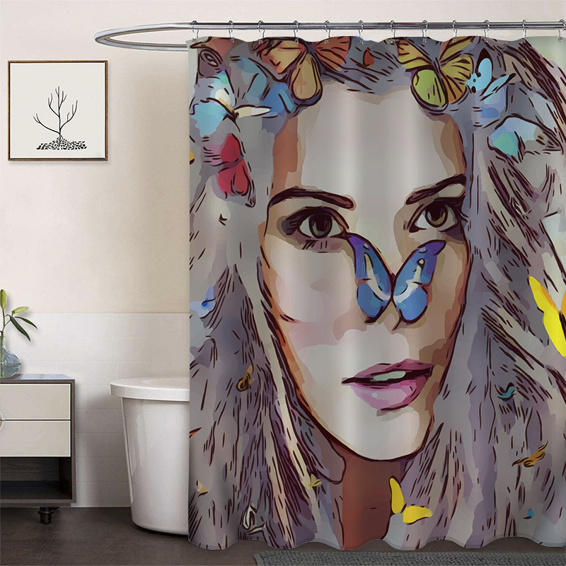 Cortina de ducha de poliéster impresa con hebilla de cortina de ducha de plástico baño cuarto de baño cortina de partición impermeable a prueba de moho