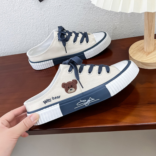 Bear canvas shoes for women  summer new low-cut casual sneakers, flat-soled trendy slippers, versatile half-slippers