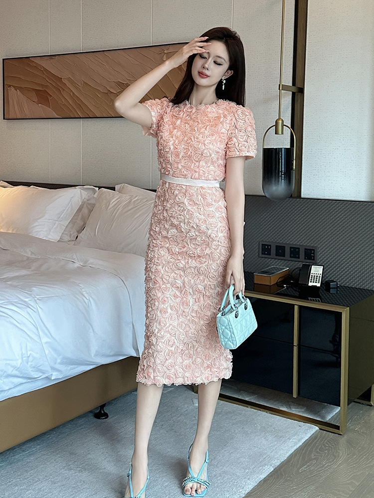 Đầm suông nữ midi cổ tròn tay phồng cánh hoa phong cách Pháp — Màu hồng cam