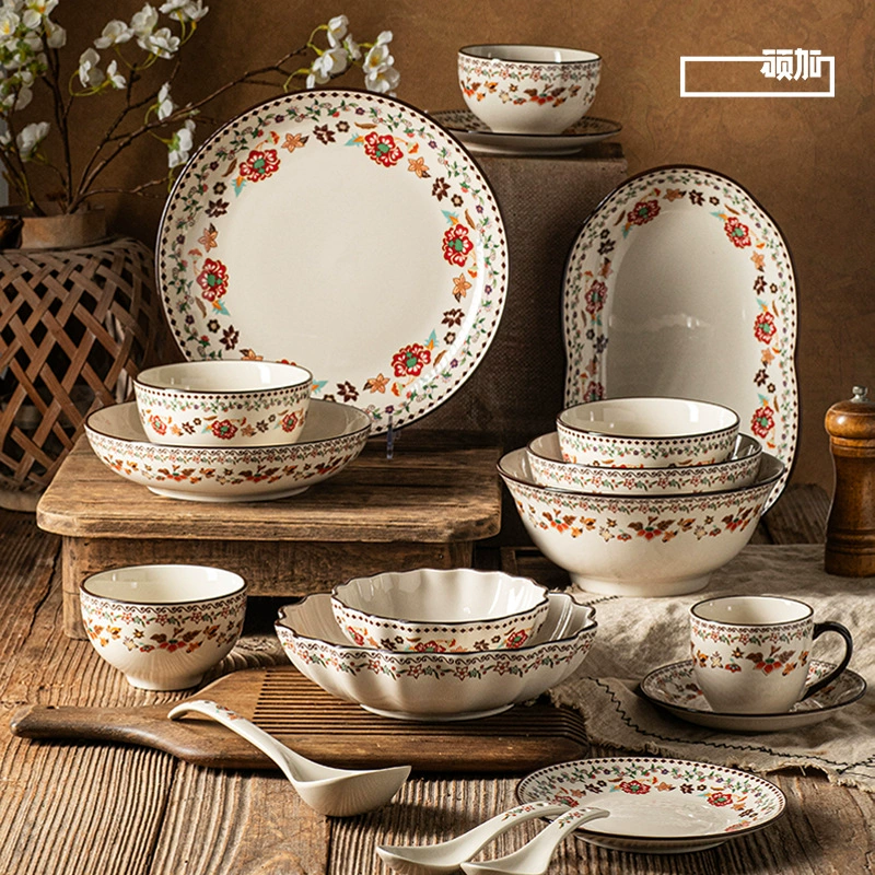 Ceramic retro tableware set, boho floral dinnerware assortment — boxed SKUs