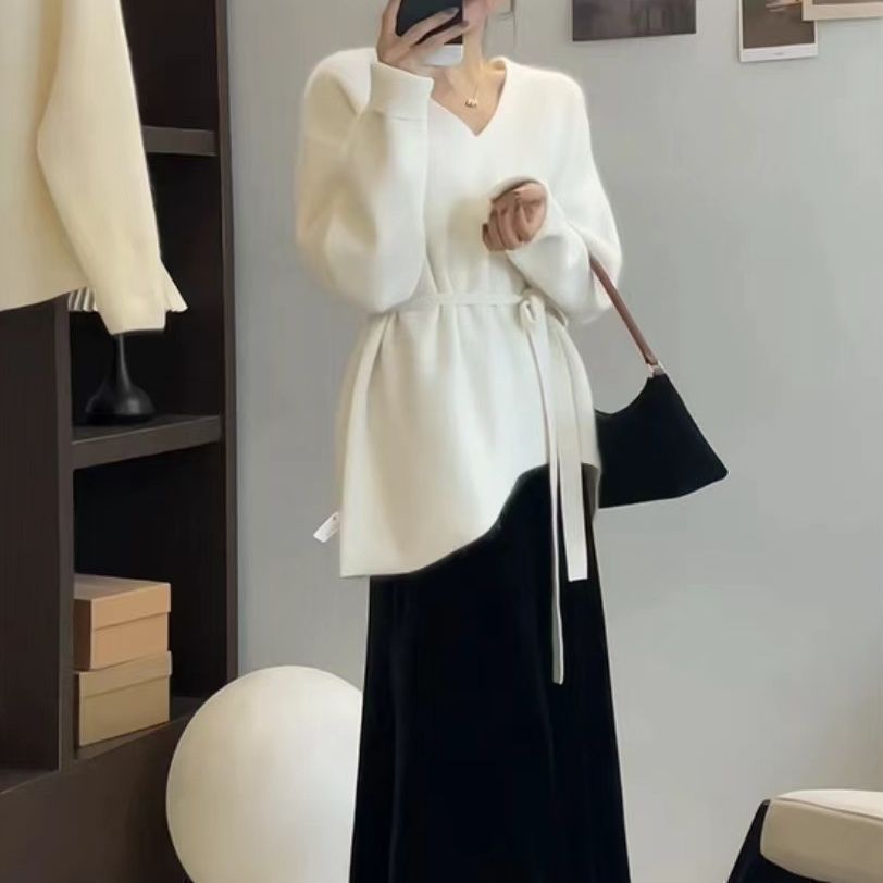 韩系宽松慵懒风系带收腰设计感针织衫上衣显瘦中长款宽松气质外搭