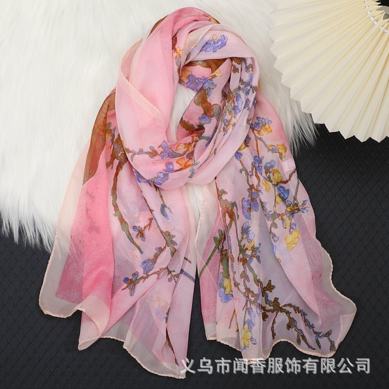中老年人妈妈丝巾女雪纺纱巾透气防晒护颈围巾长巾小披肩印花沙巾