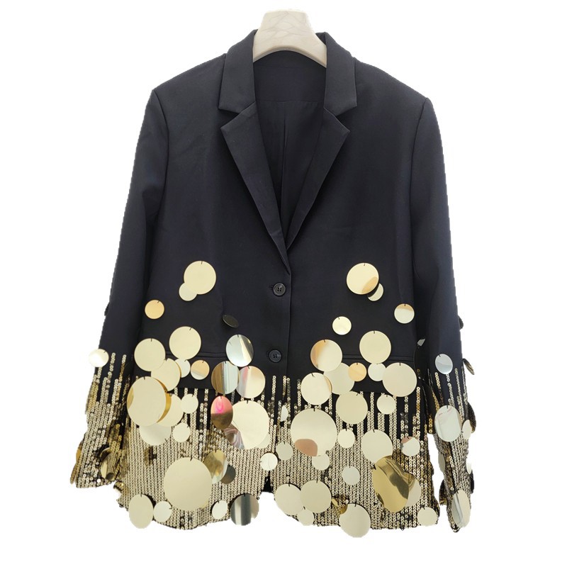 Chaqueta de Traje de Manga Larga con Solapa Mezcla de Algodón Con Lentejuelas para Primavera image 5